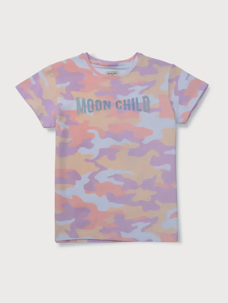 Gini And Jony Girls Purple Camouflage Cotton Knits Top Half Sleeves