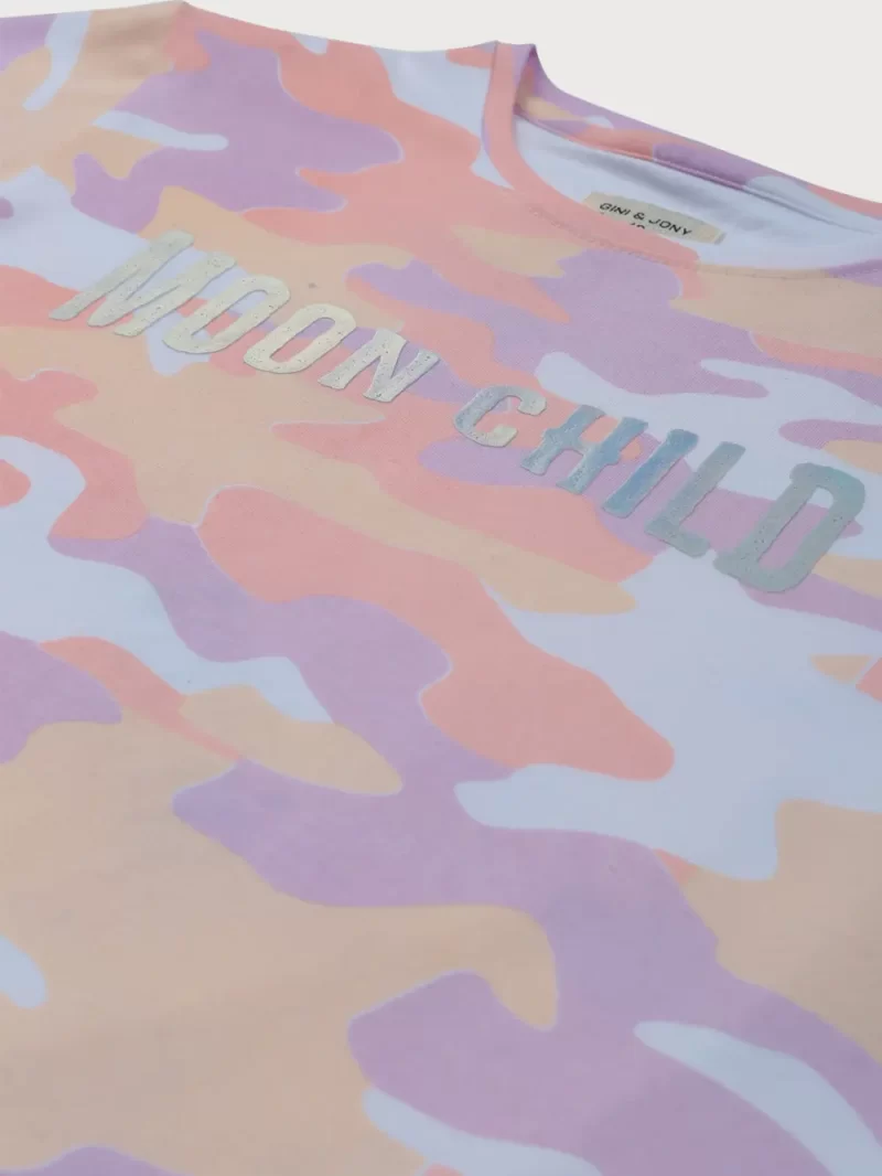 Gini And Jony Girls Purple Camouflage Cotton Knits Top Half Sleeves