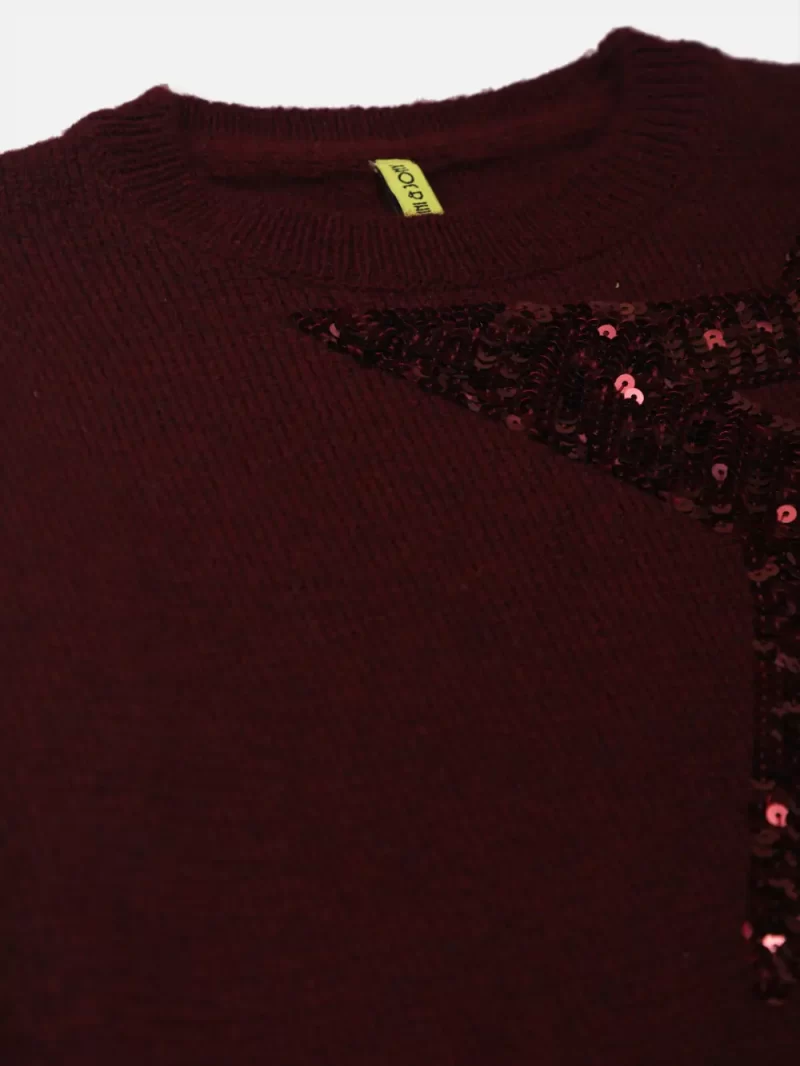 Gini And Jony Girls Maroon Sequin Acrylic Sweater Full Sleeves 9-10Y