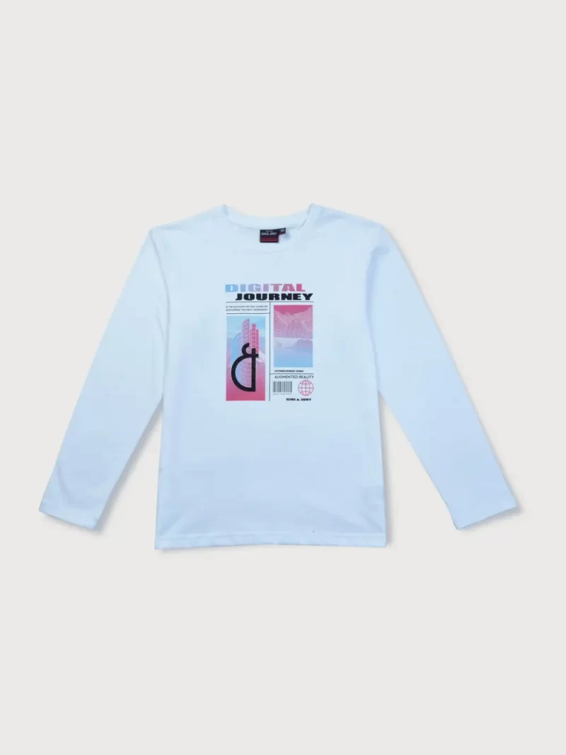 Gini & Jony Boys White Printed Cotton T-Shirt Full Sleeves