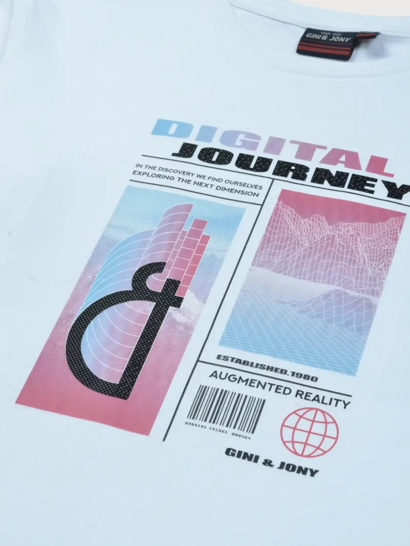 Gini & Jony Boys White Printed Cotton T-Shirt Full Sleeves