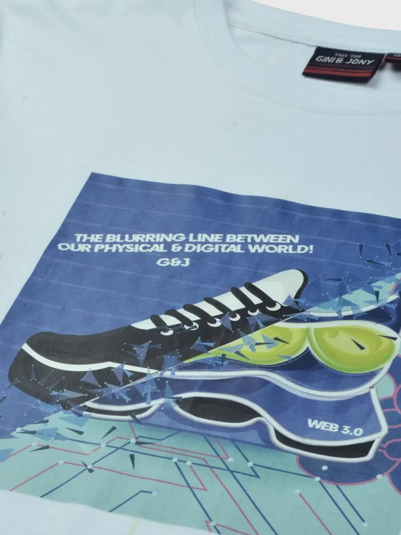 Gini & Jony Boys White Printed Cotton T-Shirt Full Sleeves