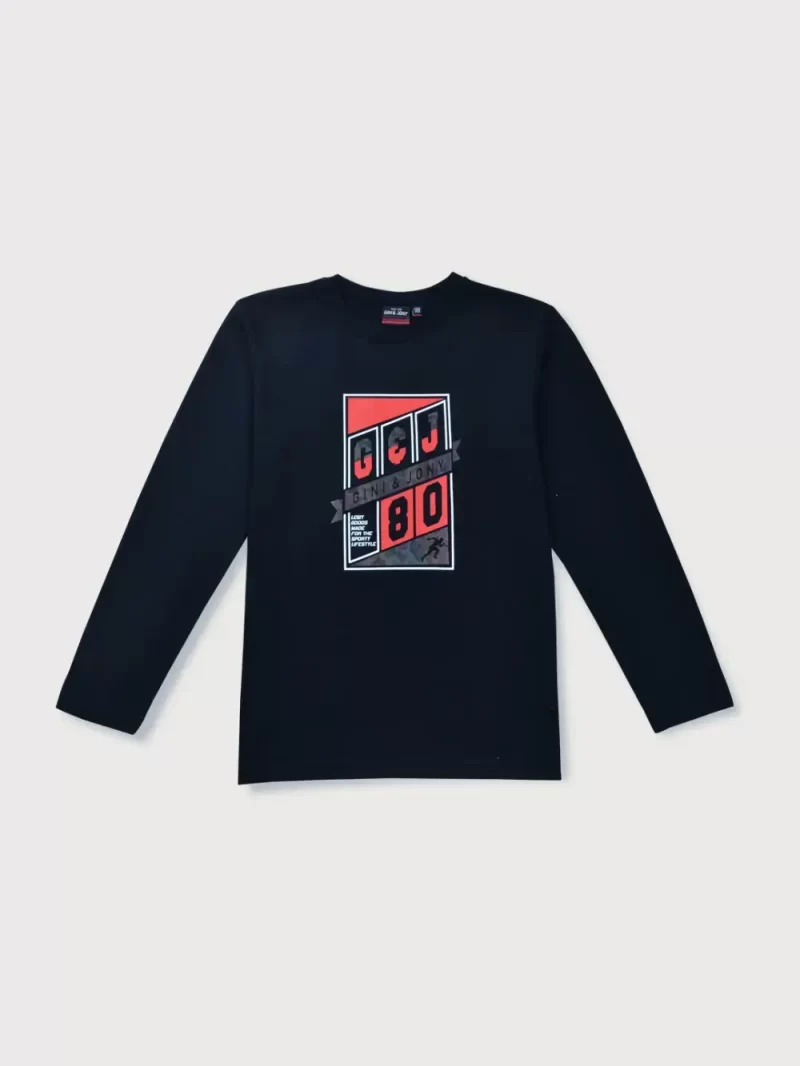 Gini & Jony Boys Blue Printed Cotton T-Shirt Full Sleeves