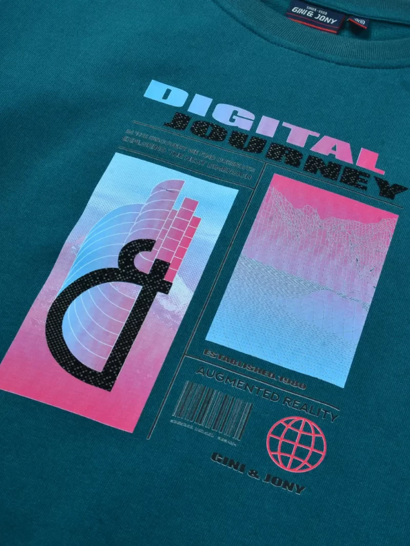 Gini And Jony Boys Teal Graphic Print Cotton Sweat Shirt Full Sleeves