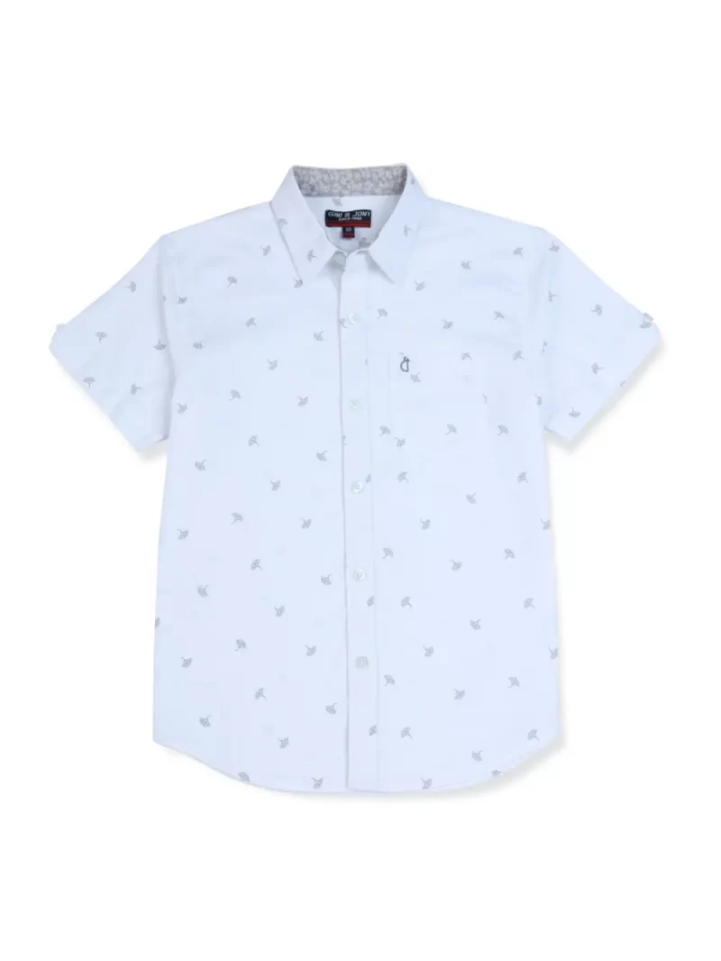 Gini And Jony Boys White Printed Cotton Shirt Half Sleeves