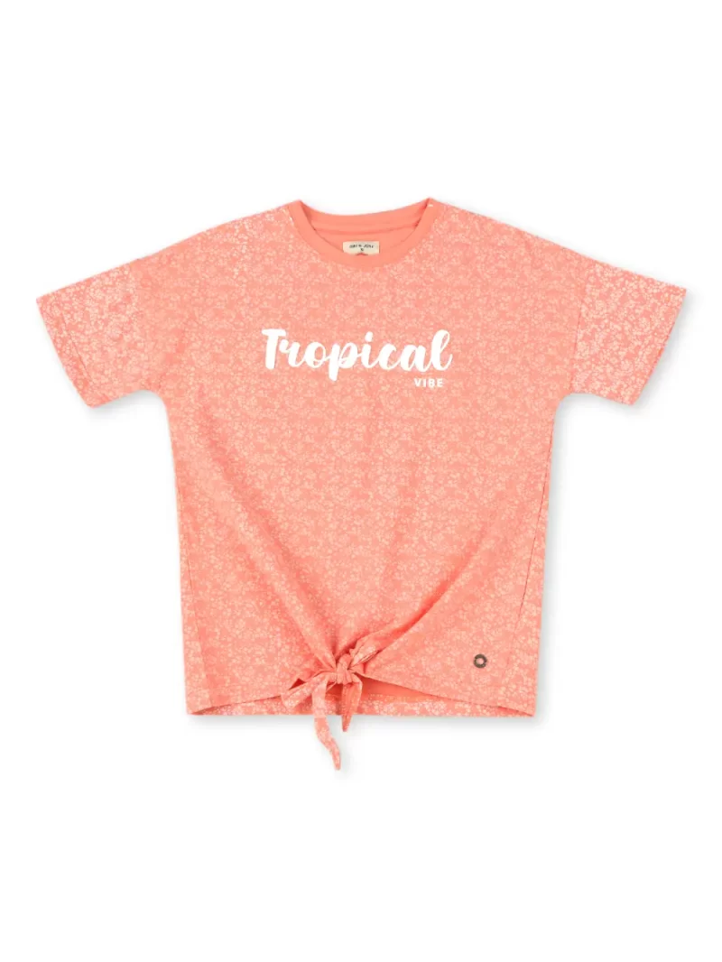Gini And Jony Girls Peach Printed Cotton Knits Top Half Sleeves