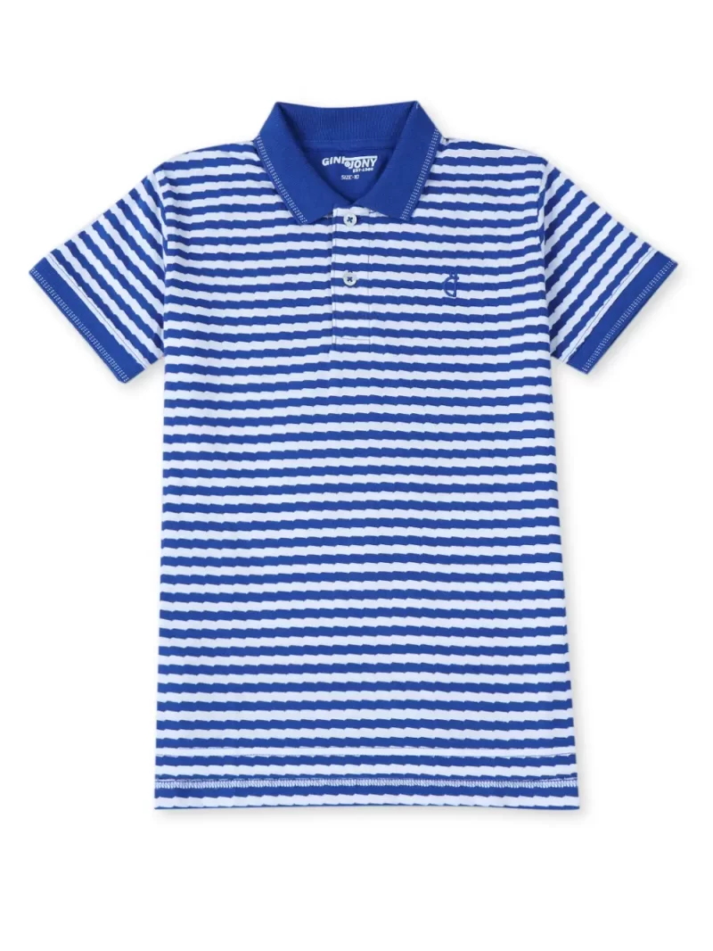 Gini & Jony Boys Blue Stripes Cotton Half Sleeves Polo T-Shirt