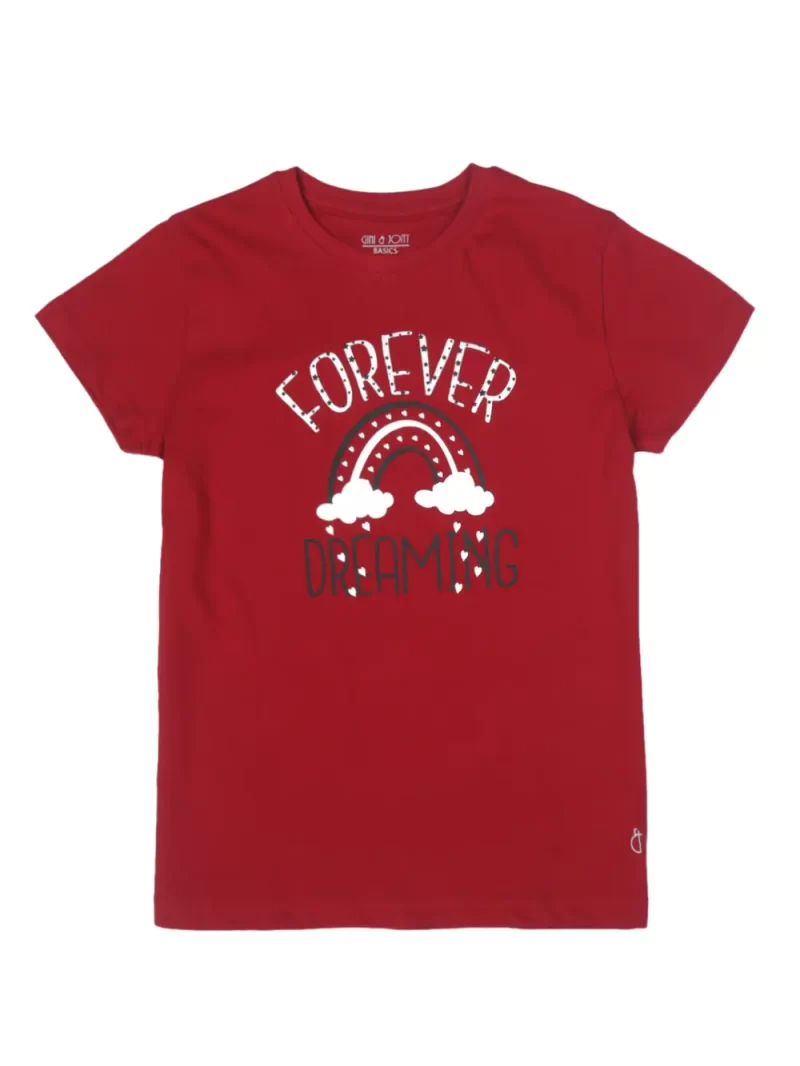 Gini And Jony Girls Maroon Printed Cotton Knits Top Half Sleeves 11-12 Years