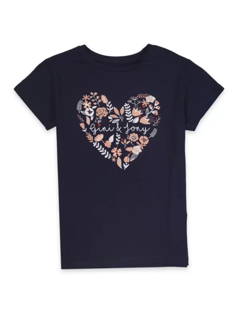 Gini And Jony Girls Navy Blue Printed Cotton Half Sleeves Knits Top