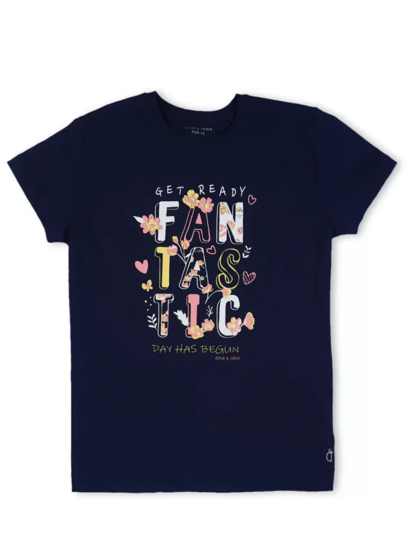Gini And Jony Girls Navy Blue Printed Cotton Half Sleeves Knits Top