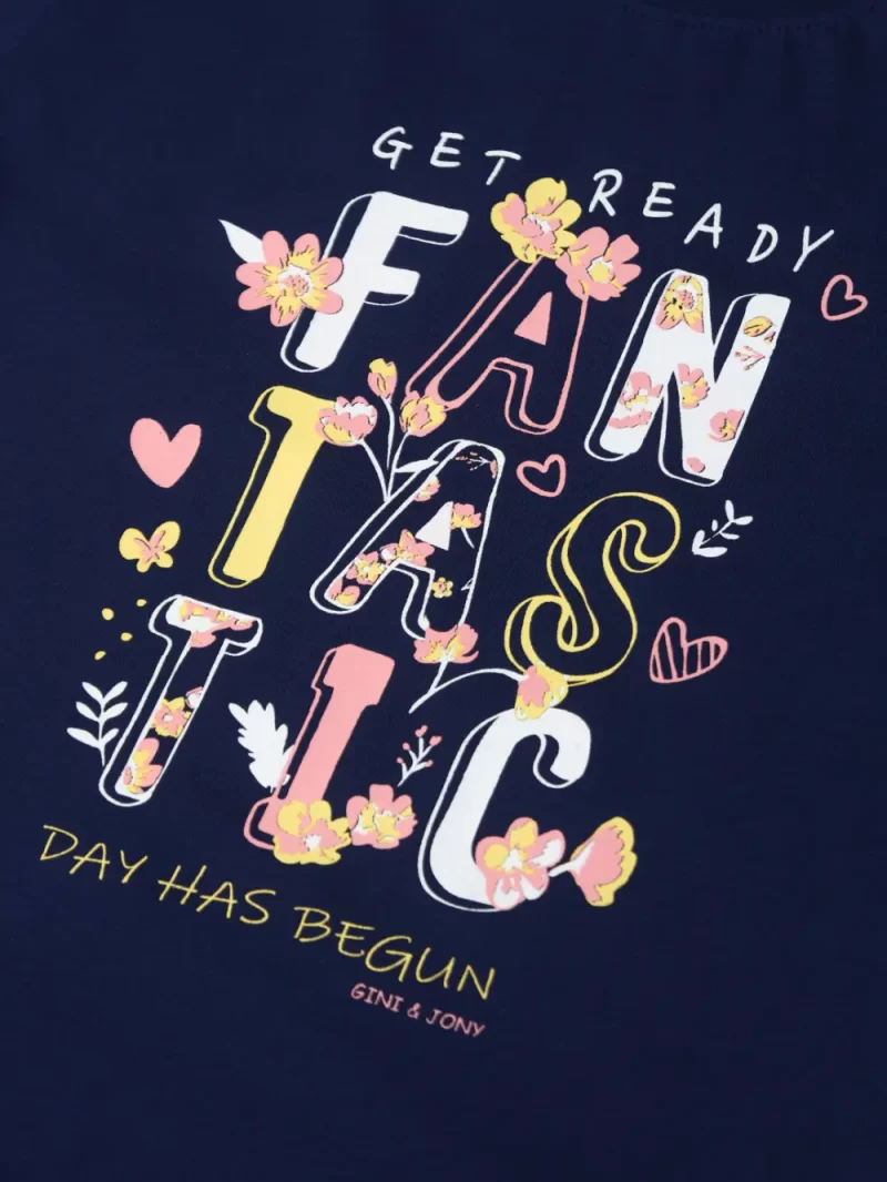 Gini And Jony Girls Navy Blue Printed Cotton Half Sleeves Knits Top