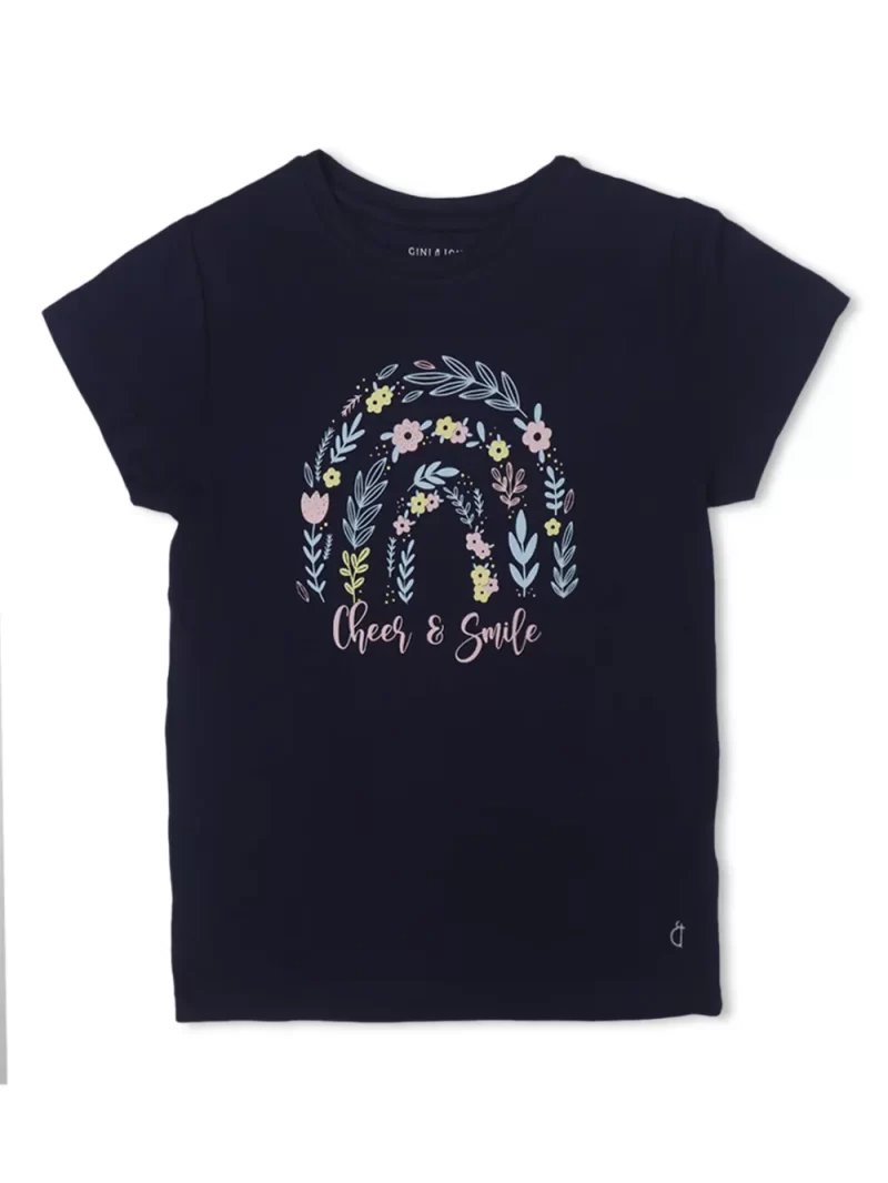 Gini And Jony Girls Navy Blue Printed Cotton Half Sleeves Knits Top
