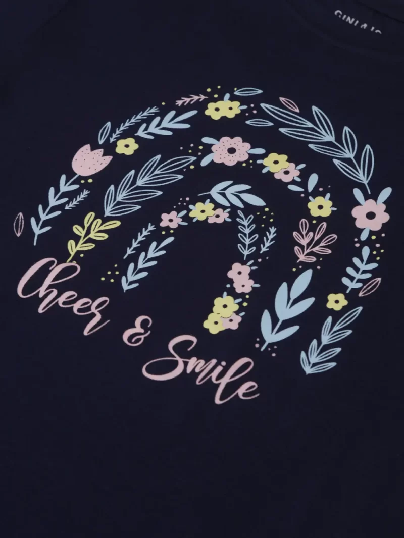 Gini And Jony Girls Navy Blue Printed Cotton Half Sleeves Knits Top