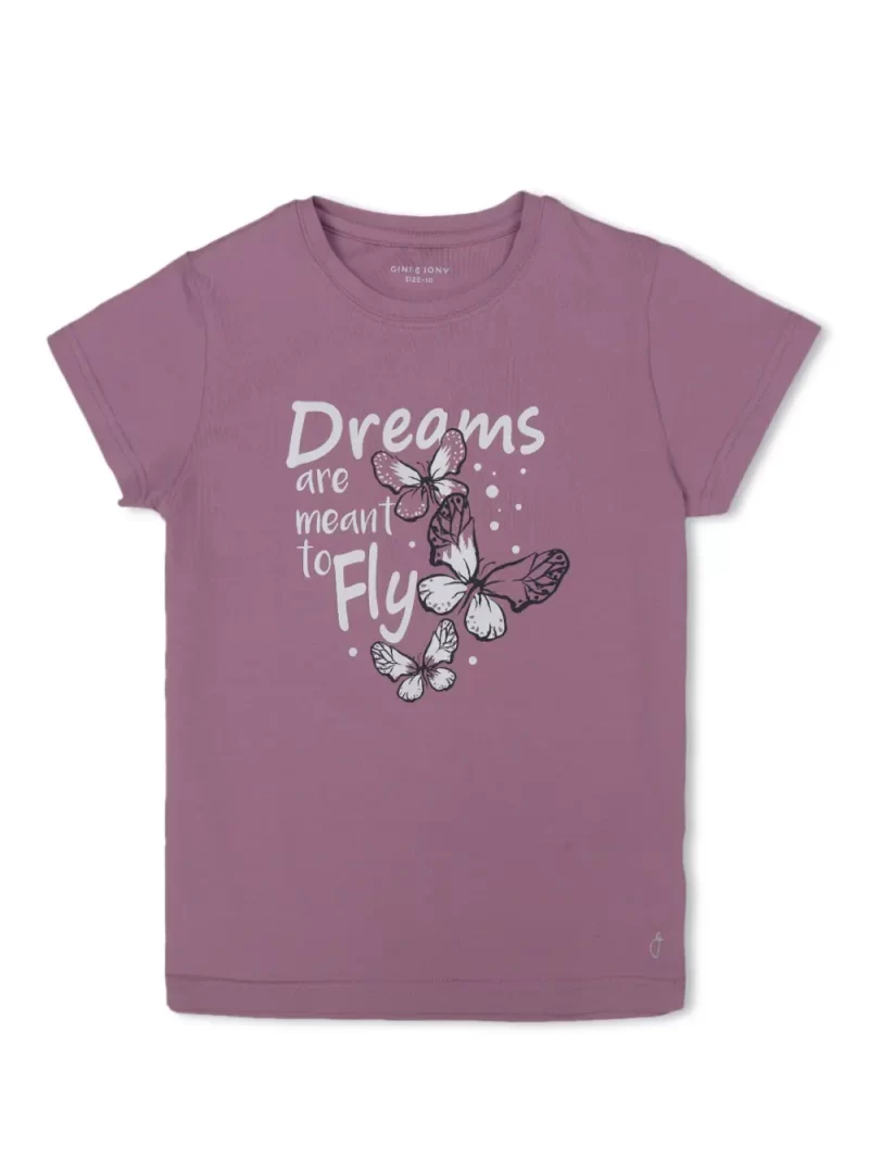 Gini And Jony Girls Purple Printed Cotton Half Sleeves Knits Top