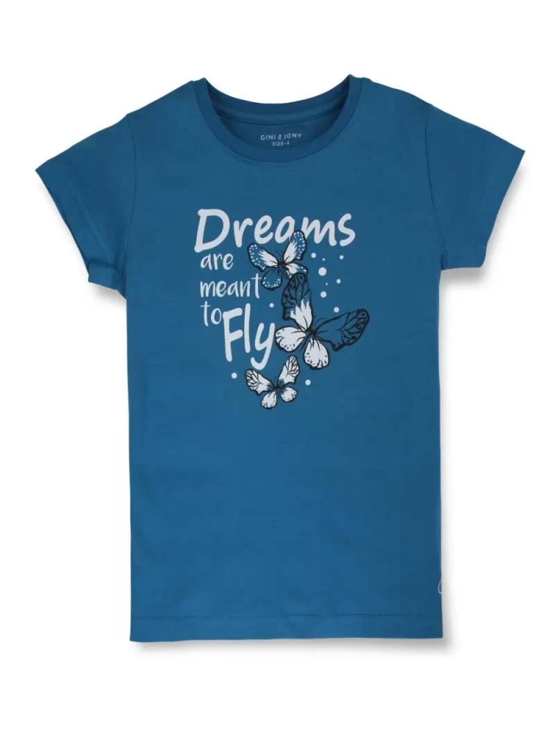 Gini And Jony Girls Blue Printed Cotton Half Sleeves Knits Top