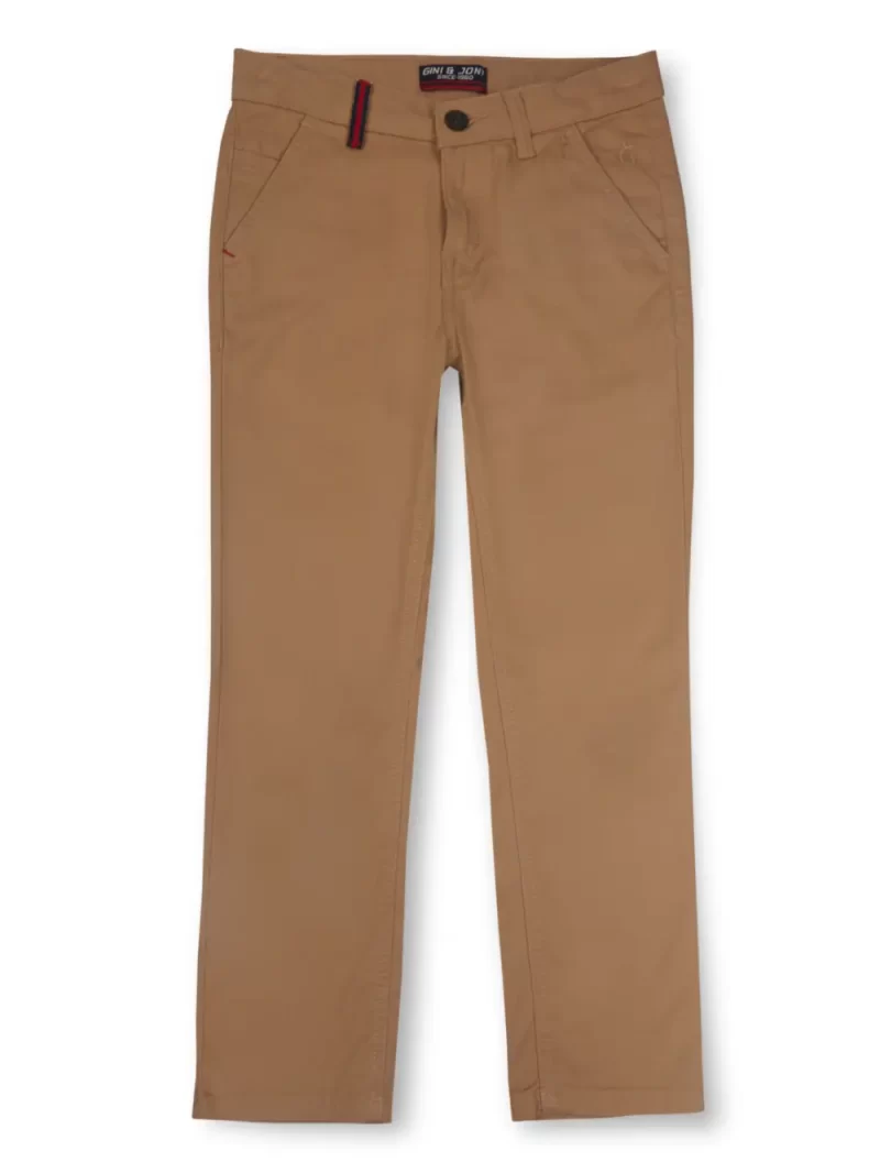 Gini And Jony Boys Khaki Solid Cotton Trouser Fixed Waist