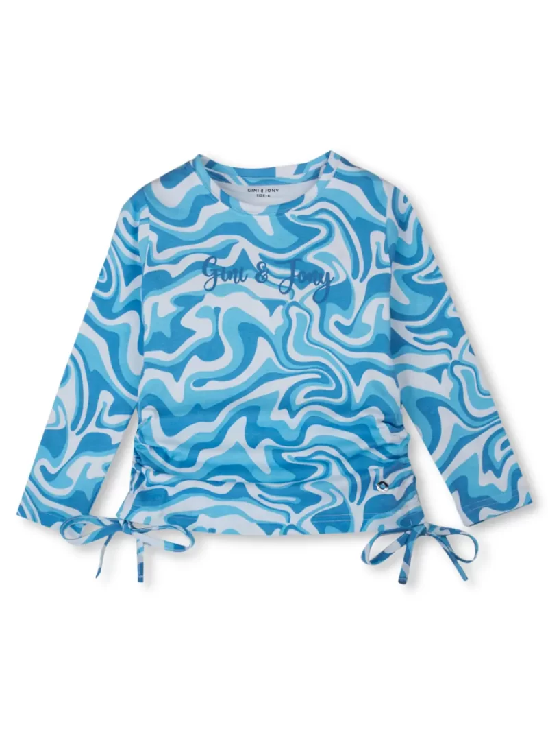 Girls Blue Printed Cotton Full Sleeves Knits Top