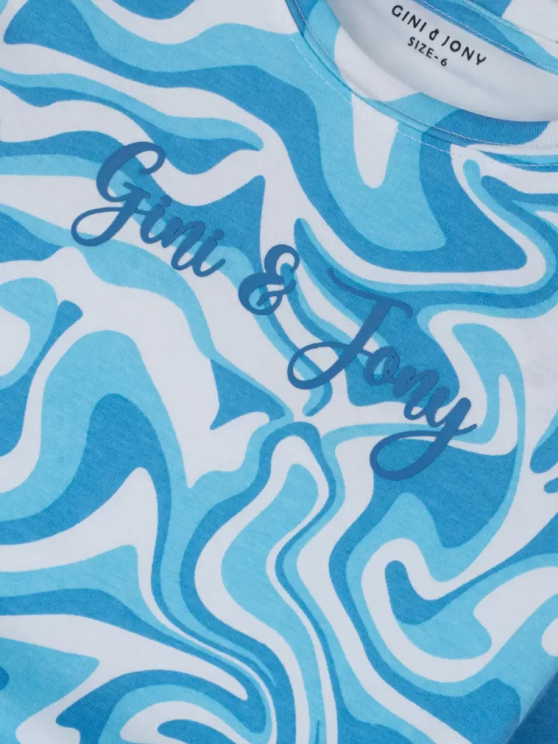 Girls Blue Printed Cotton Full Sleeves Knits Top