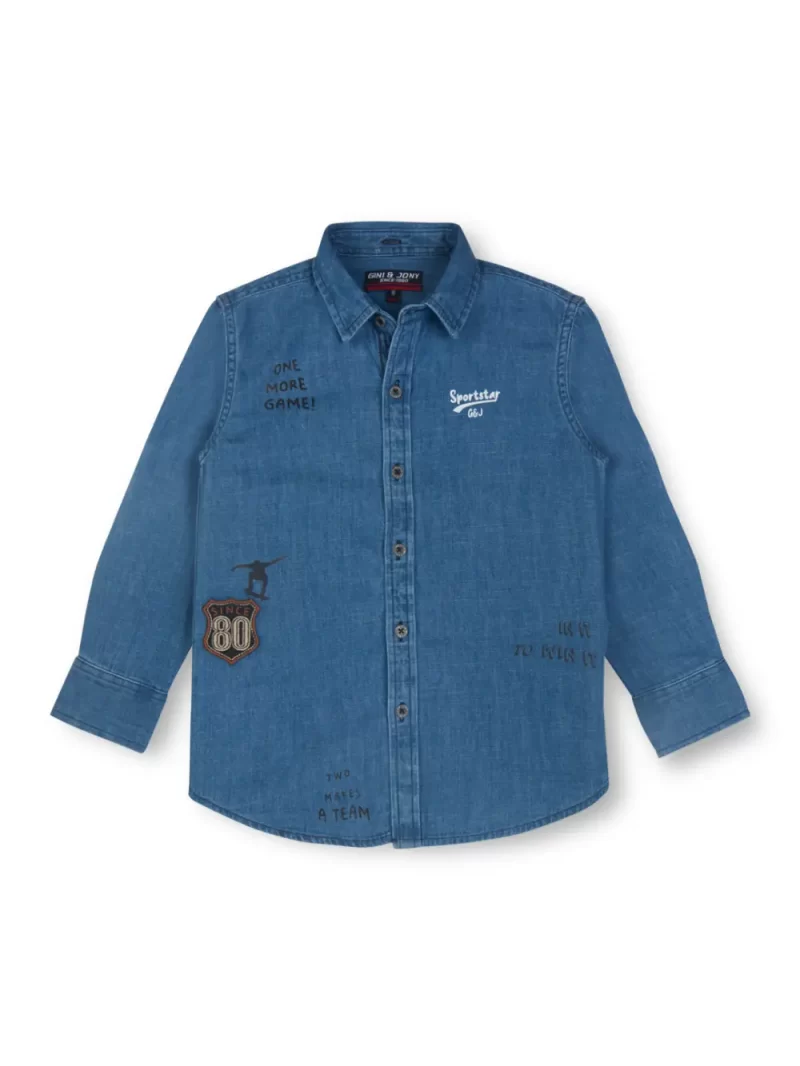Gini And Jony Boys Navy Blue Solid Denim Full Sleeves Shirt
