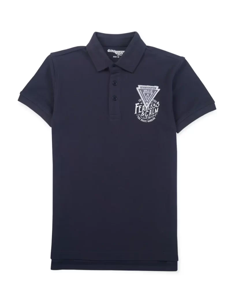 Gini And Jony Boys Navy Blue Typographic Print Polo T-Shirt Half Sleeves
