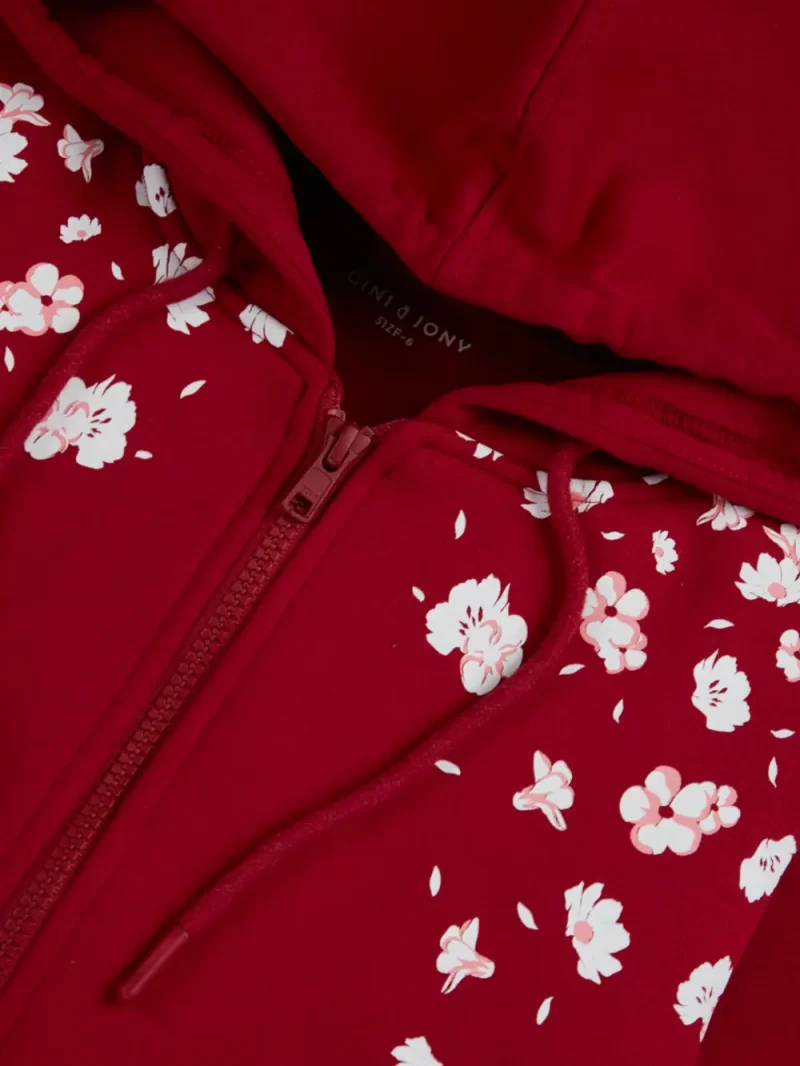 Gini And Jony Girls Red Printed Cotton Full Sleeves Knits Jacket