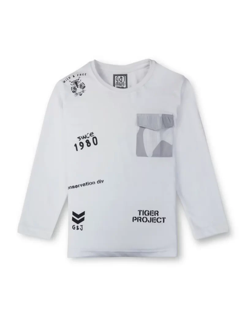 Gini And Jony Boys White Printed Cotton Full Sleeves T-Shirt