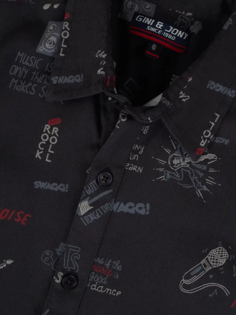 Gini And Jony Boys Black Conversational Print Cotton Shirt Half Sleeves