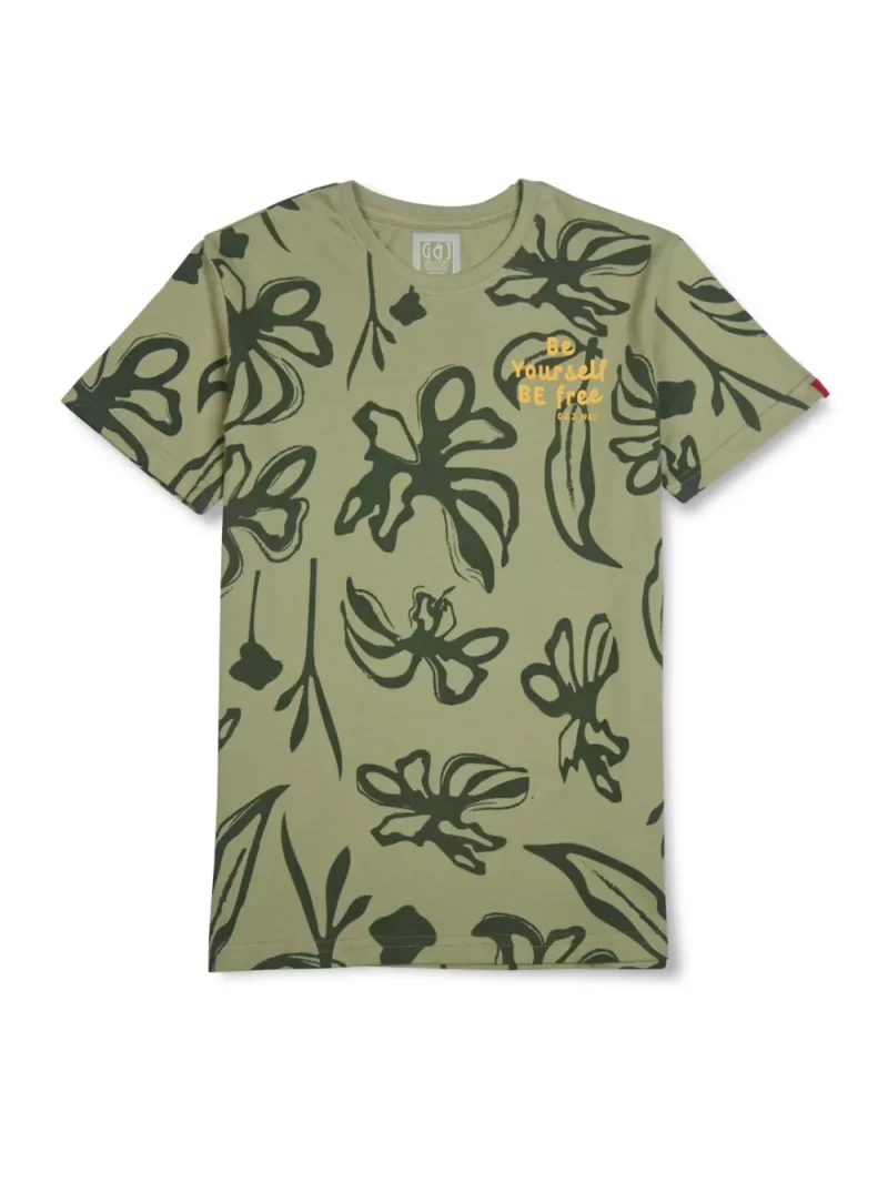 Gini And Jony Boys Olive Tropical Print Cotton T-Shirt Half Sleeves