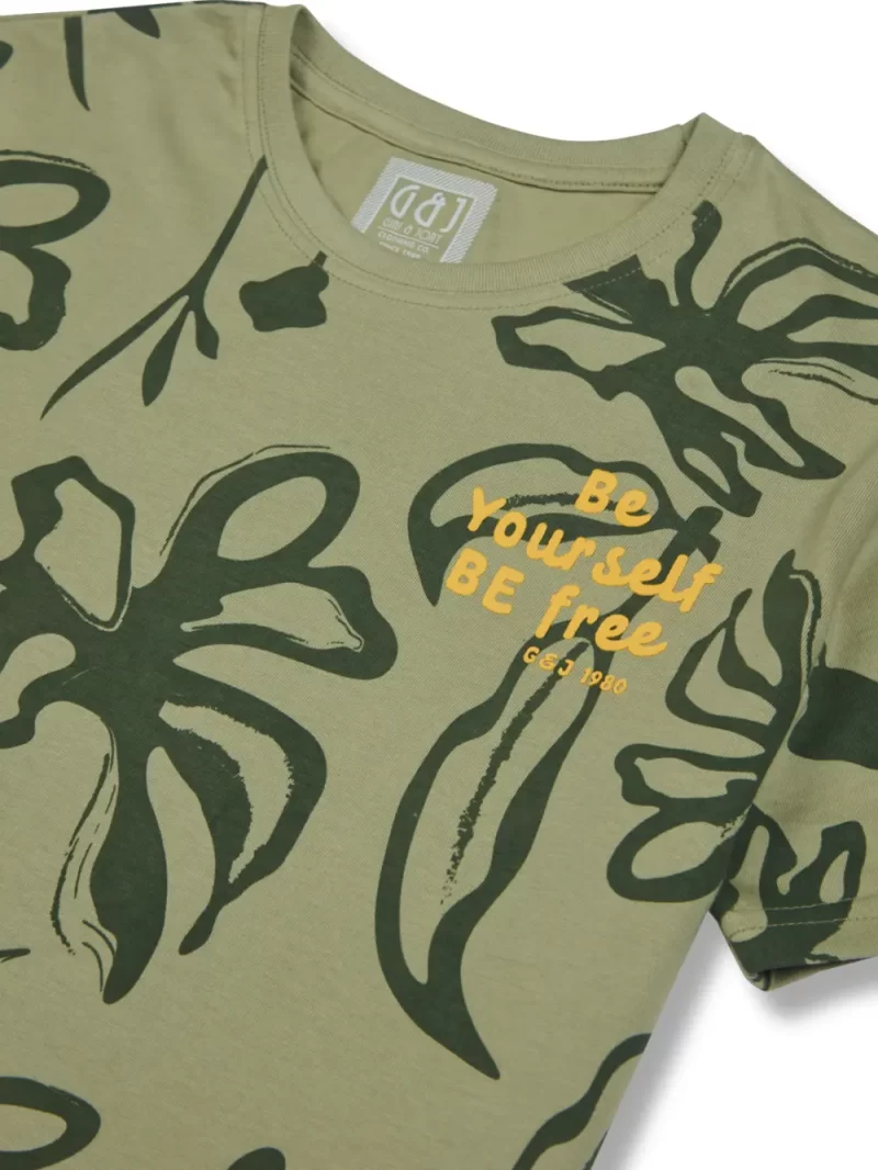 Gini And Jony Boys Olive Tropical Print Cotton T-Shirt Half Sleeves