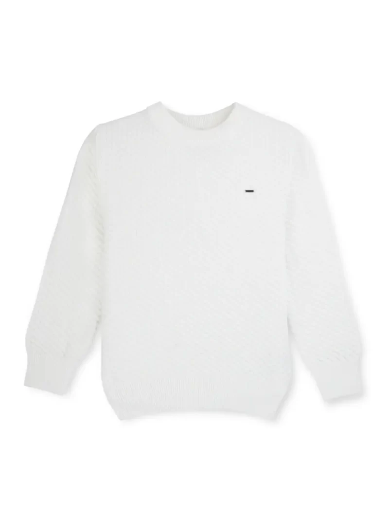 Boys White Solid Cotton Full Sleeves Sweater