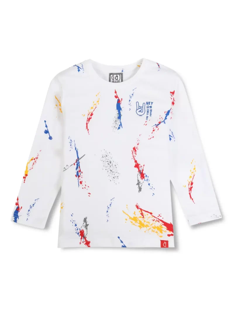 Gini And Jony Boys White Abstract Print Cotton T-Shirt Full Sleeves