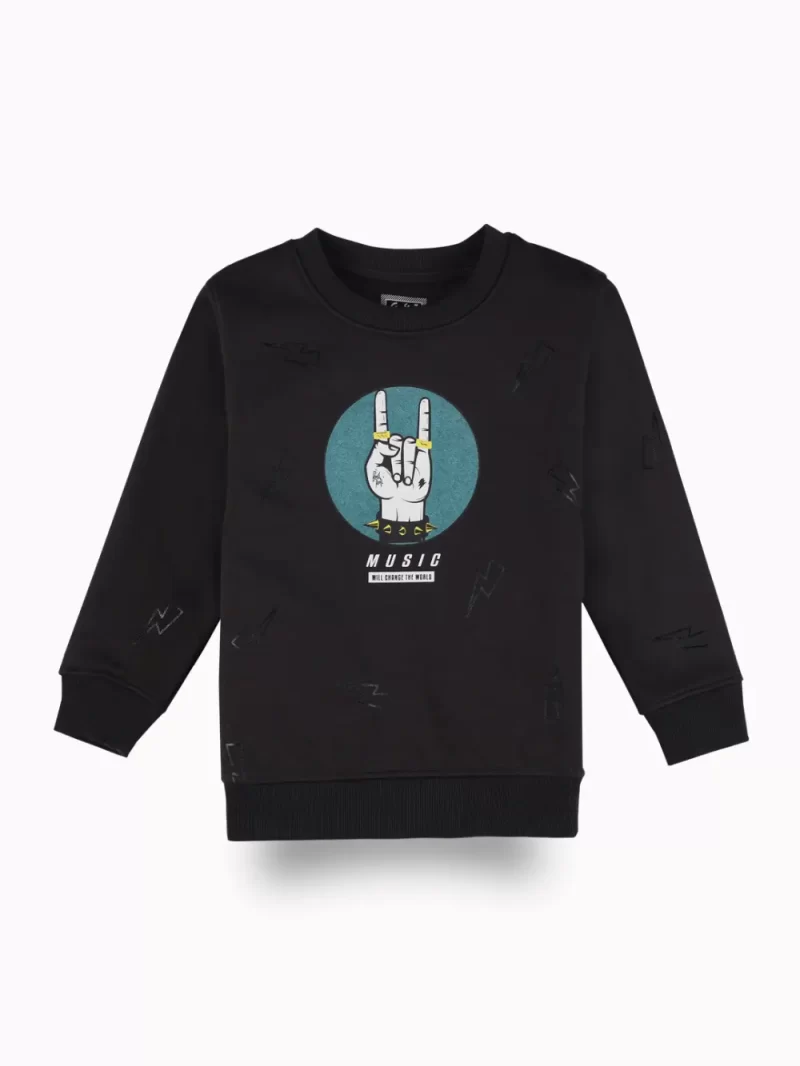 Gini And Jony Boys Black Graphic Print Cotton Sweat Shirt Full Sleeves
