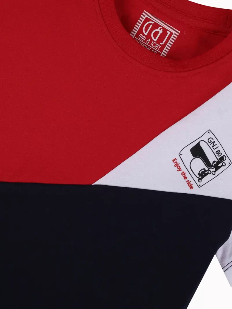 Gini And Jony Boys Red Color Block Cotton T-Shirt Half Sleeves