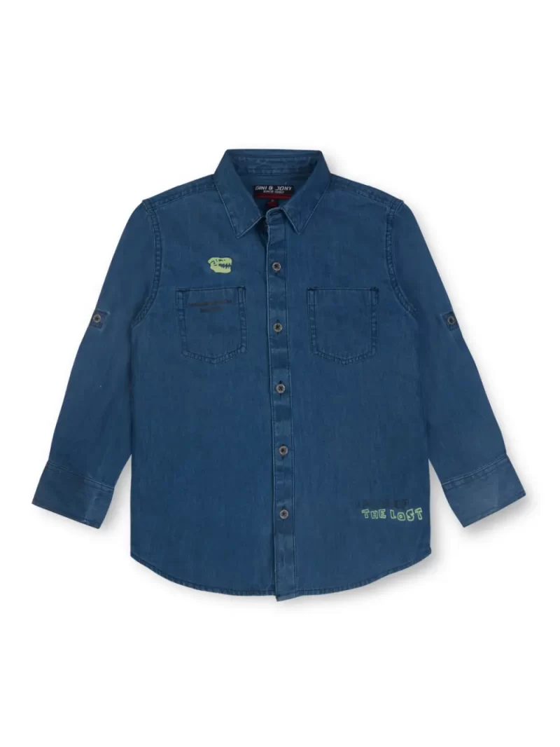 Gini And Jony Boys Blue Graphic Print Denim Shirt Full Sleeves