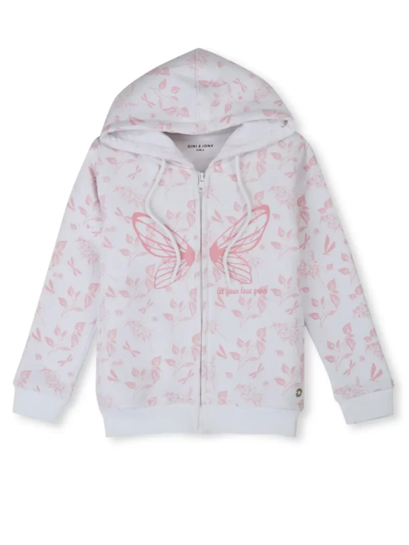 Gini And Jony Girls White Tropical Print Cotton Knits Jacket Full Sleeves 9-12 Months