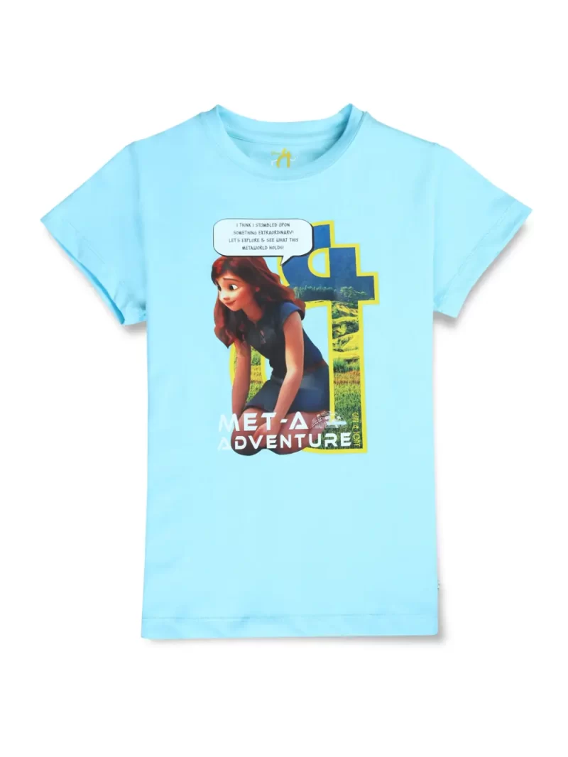 Gini And Jony Girls Blue Digital Print Cotton Half Sleeves Knits Top