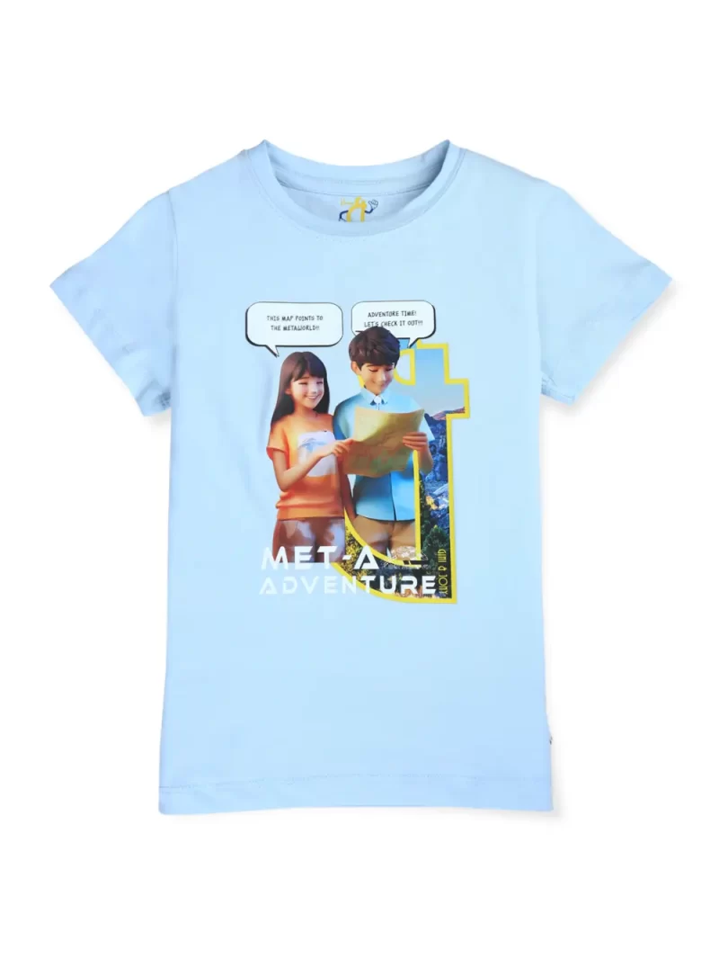 Gini And Jony Girls Blue Digital Print Lycra Knits Top Half Sleeves 9-10 Years