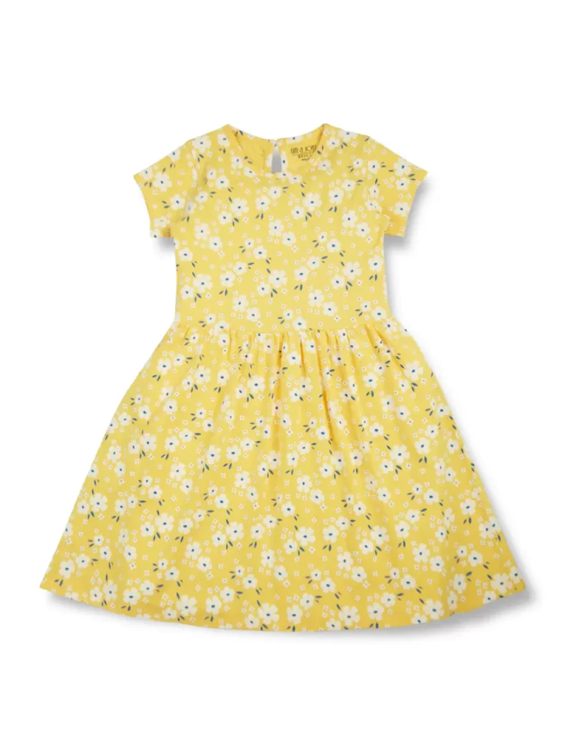 Gini And Jony Girls Yellow Floral Print Cotton Dress Half Sleeves