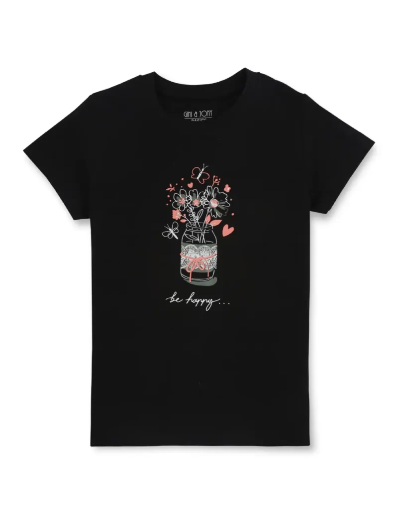 Gini And Jony Girls Black Graphic Print Cotton Knits Top Half Sleeves 3-4 Years