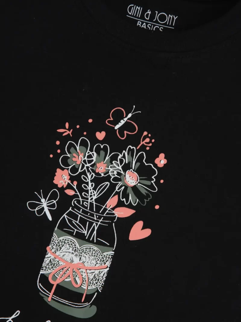 Gini And Jony Girls Black Graphic Print Cotton Knits Top Half Sleeves 3-4 Years