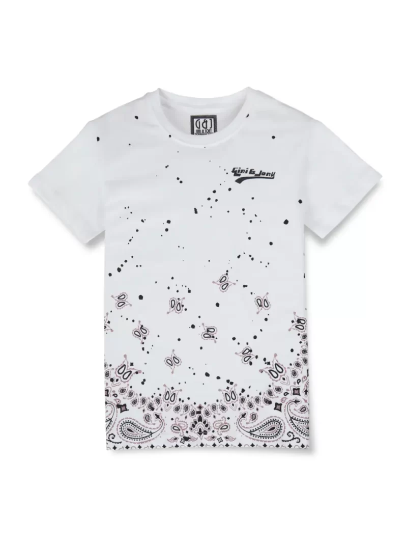 Gini And Jony Boys White Paisley Print Cotton T-Shirt Half Sleeves
