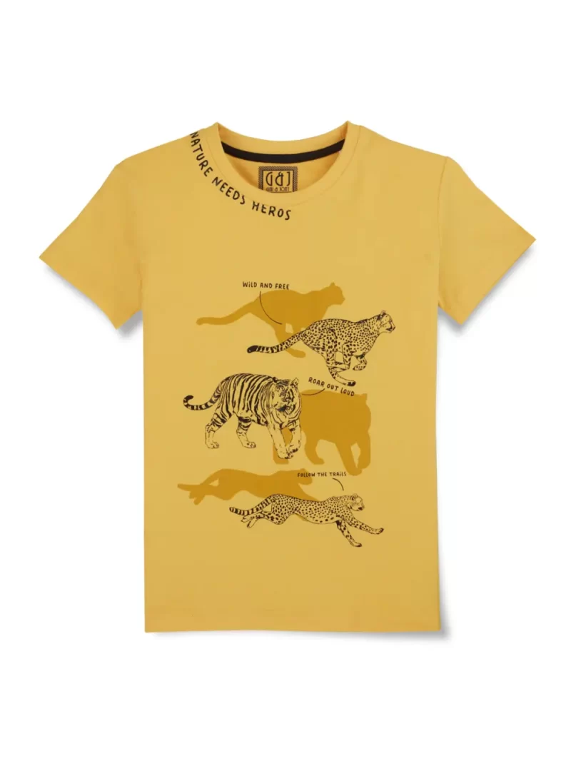 Gini And Jony Boys Yellow Tropical Print Cotton T-Shirt Half Sleeves
