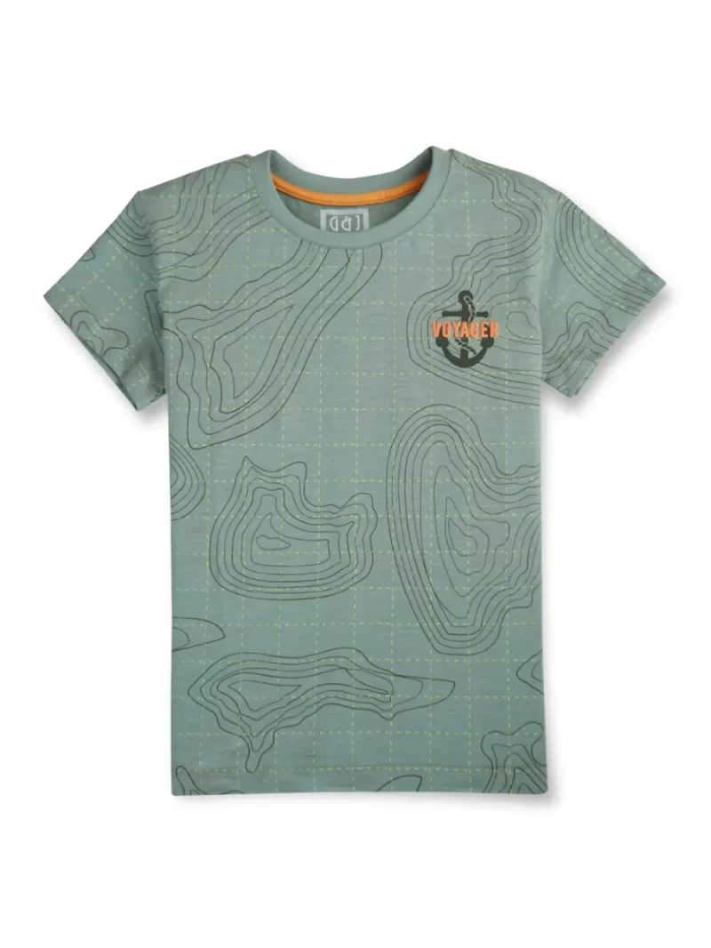 Gini And Jony Boys Green Topographic Print Cotton T-Shirt Half Sleeves