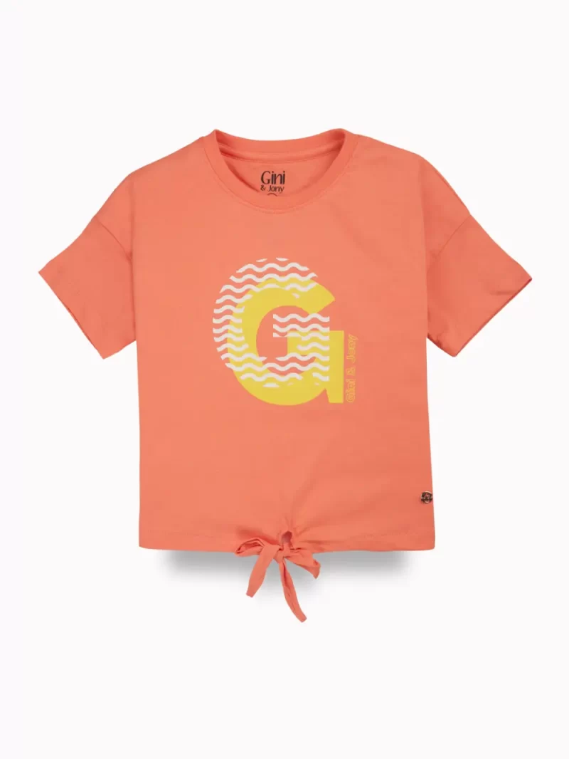 Gini And Jony Girls Peach Typographic Print Cotton Knits Top Half Sleeves 9-10 Years