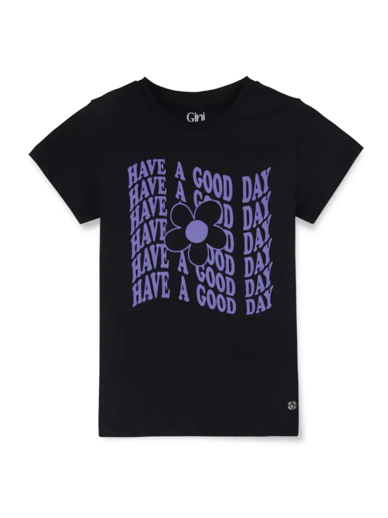 Gini And Jony Girls Black Typographic Print Cotton Knits Top Half Sleeves 9-10 Years