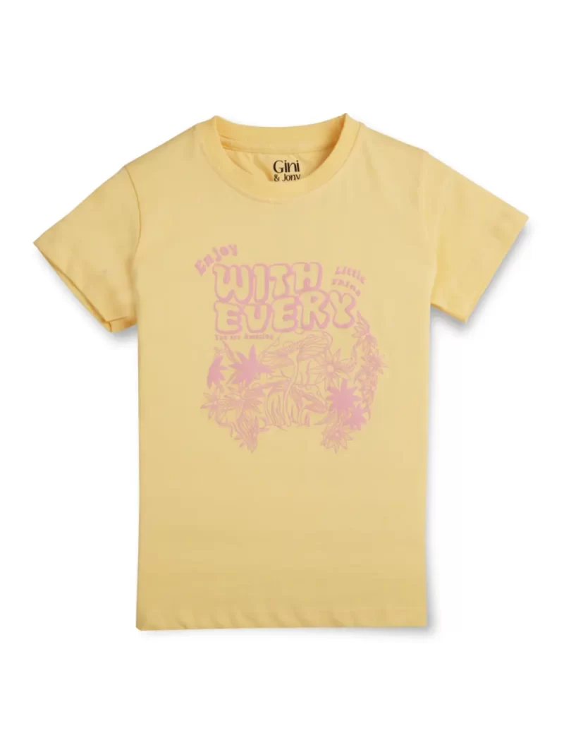 Gini And Jony Girls Yellow Graphic Print Cotton Knits Top Half Sleeves 9-10 Years