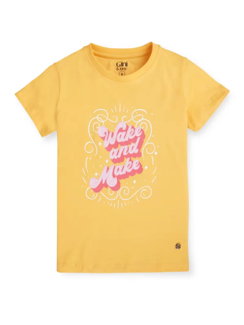 Gini And Jony Girls Yellow Typographic Print Cotton Knits Top Half Sleeves 9-10 Years