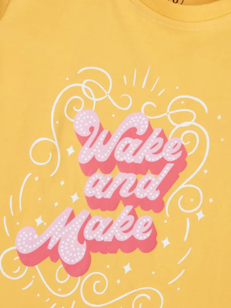 Gini And Jony Girls Yellow Typographic Print Cotton Knits Top Half Sleeves 9-10 Years