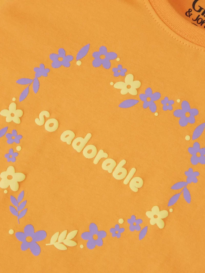 Gini And Jony Girls Orange Floral Print Cotton Knits Top Half Sleeves 11-12 Years