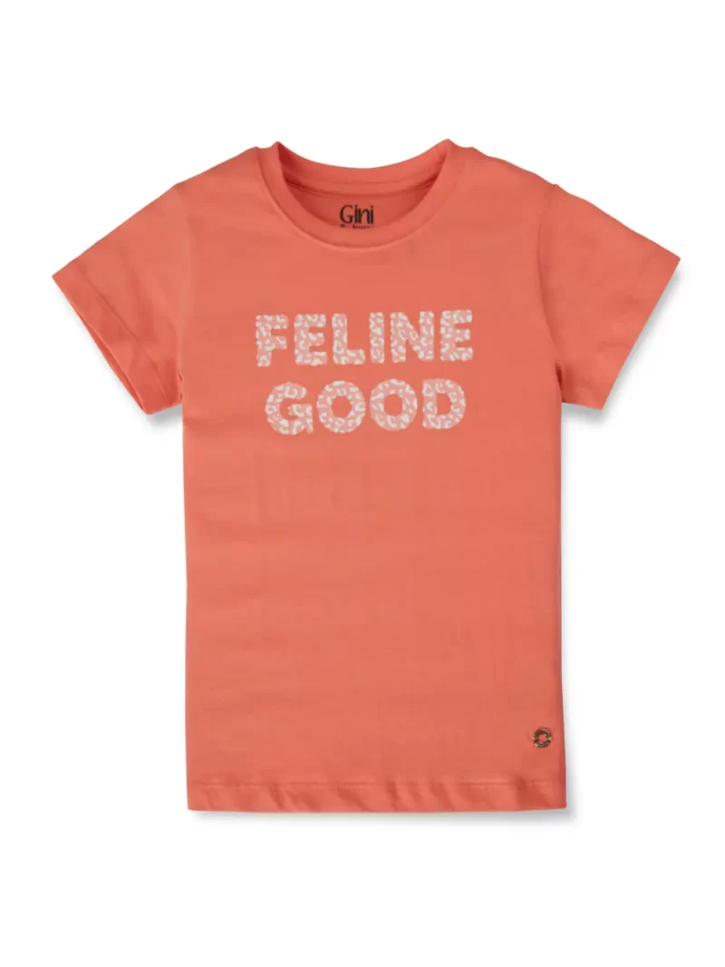 Gini And Jony Girls Orange Typographic Print Cotton Knits Top Half Sleeves 9-10 Years